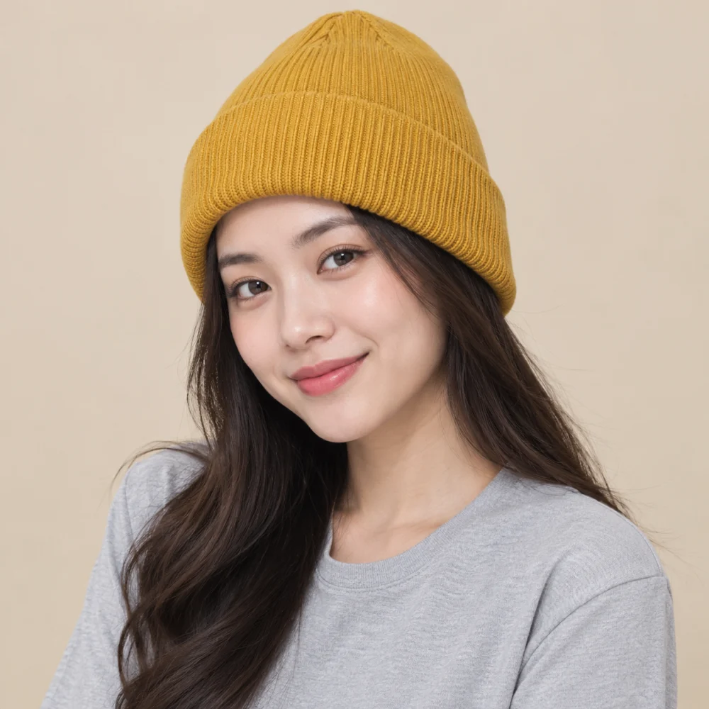 Mũ kết in / thêu logo len mềm vàng mustard form sâu