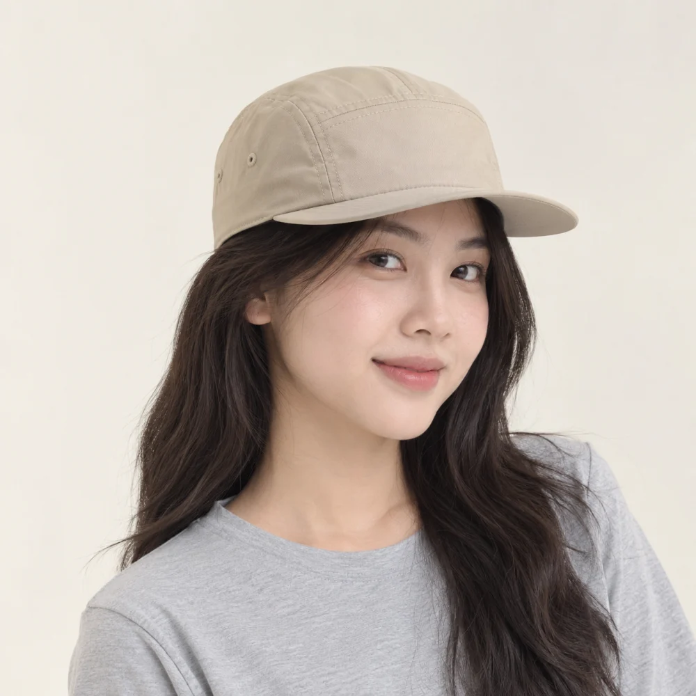 Mũ kết 5 panel vải dù màu be form đứng