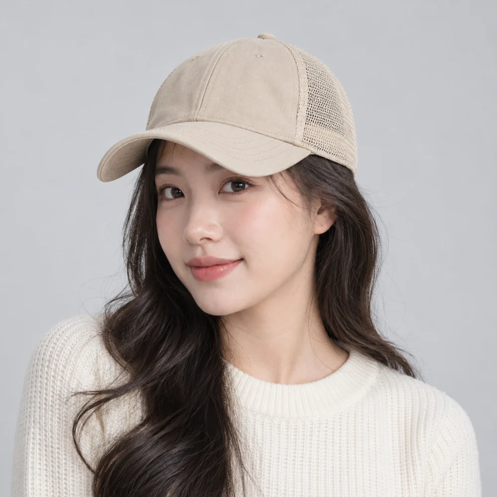 Mũ kết 6 panel lưới thoáng màu be phong cách vintage