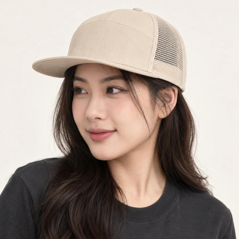 Mũ snapback 5 panel lưới thoáng màu be phong cách tối giản