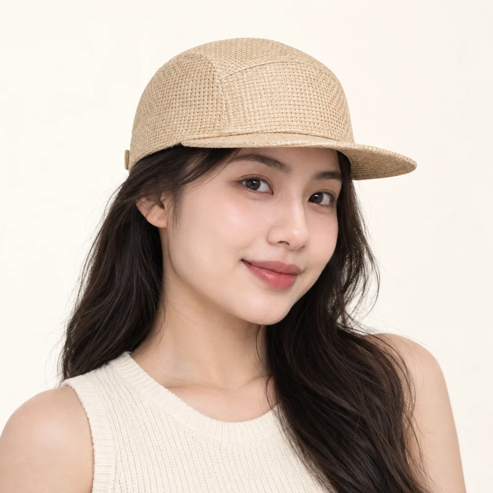 Mũ snapback 5 panel cói màu be dùng ngoài trời