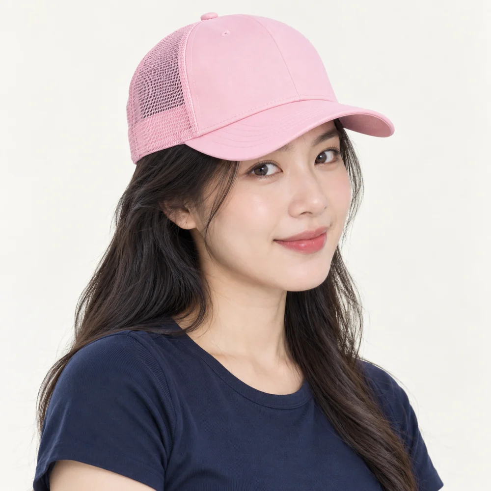 Mũ snapback phối lưới polyester hồng pastel phong cách tối giản