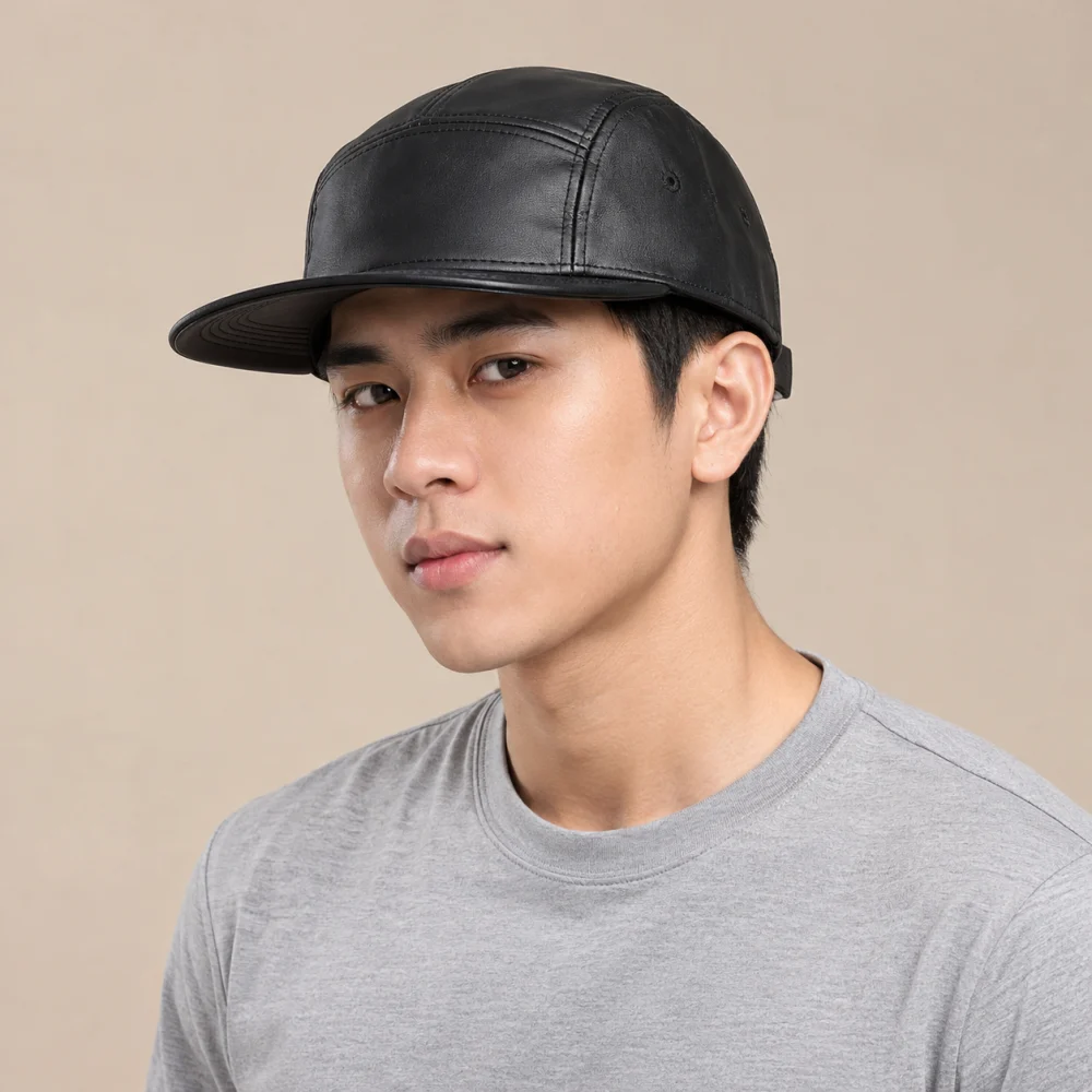 Mũ snapback 5 panel da mềm đen phong cách thể thao
