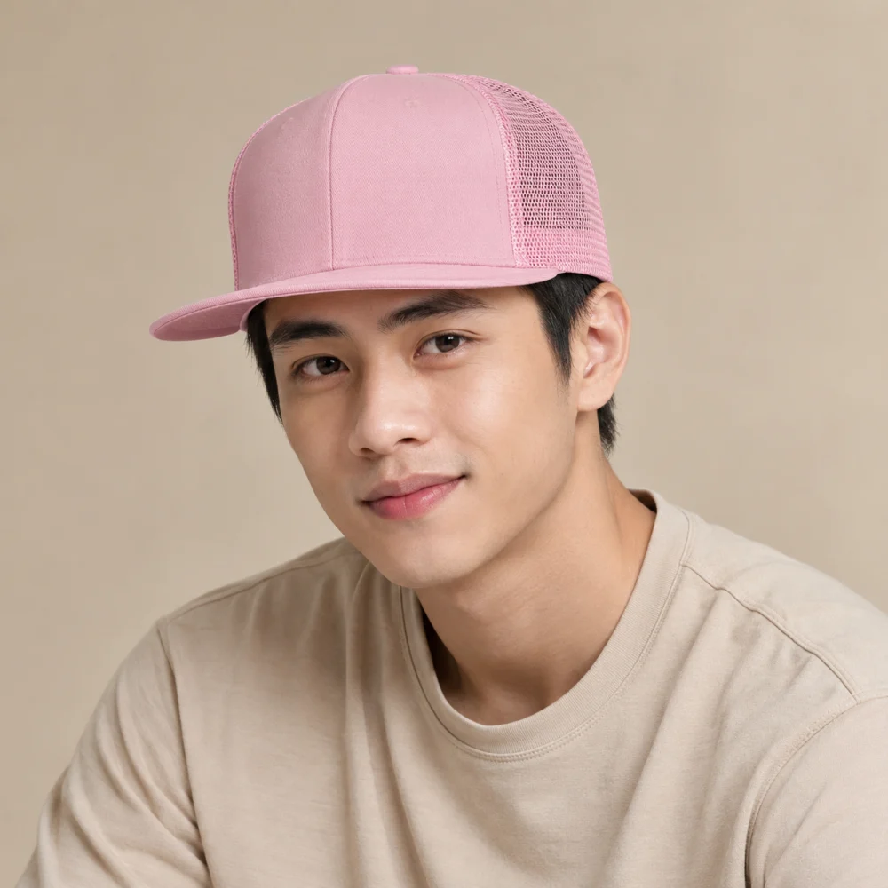 Mũ snapback phối lưới len mềm hồng pastel form đứng