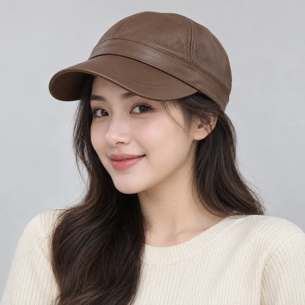 Mũ nửa đầu thời trang da mềm nâu đất phong cách thể thao