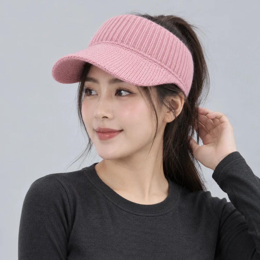 Mũ nửa đầu thể thao len mềm hồng pastel form đứng