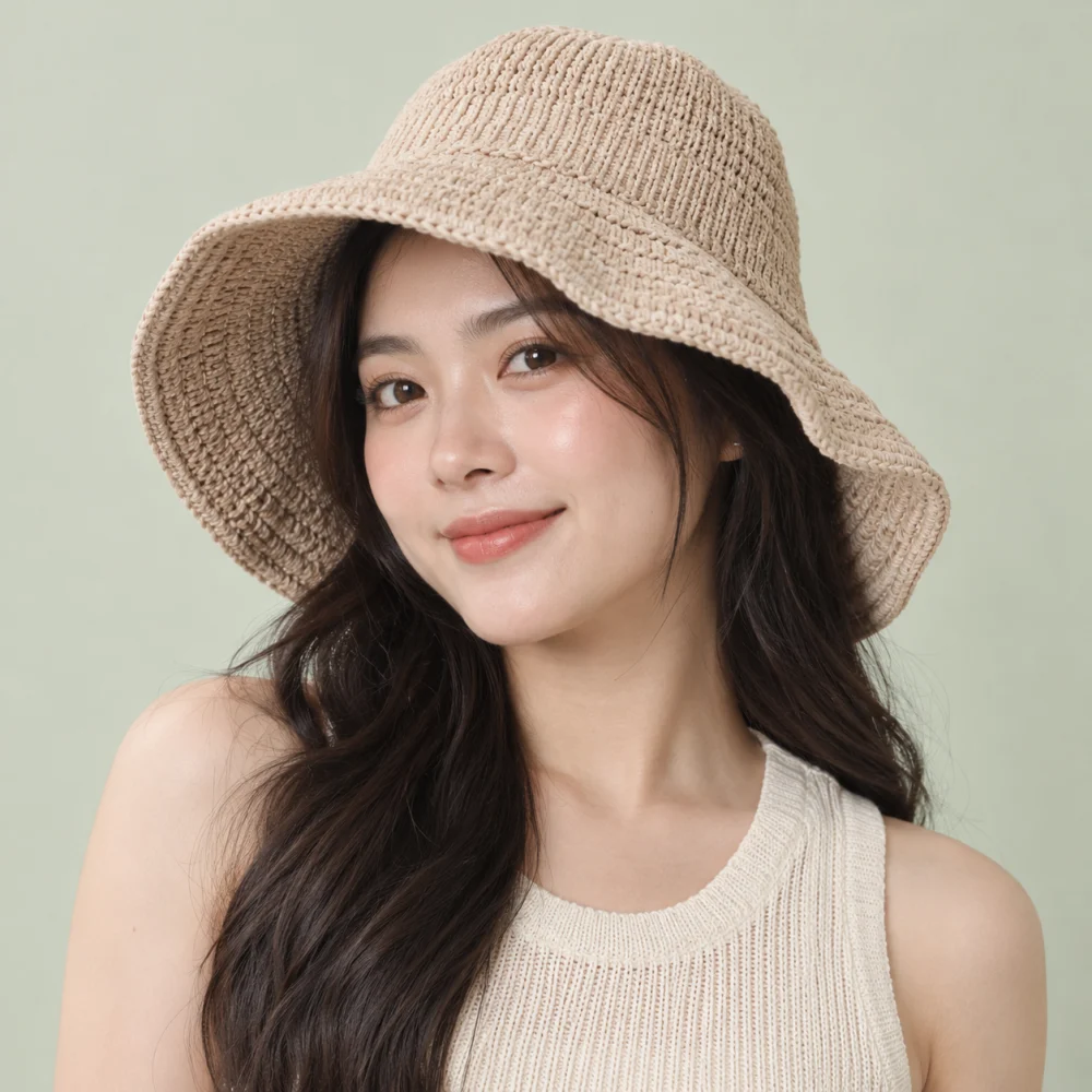 Mũ tai bèo du lịch len mềm màu be form sâu