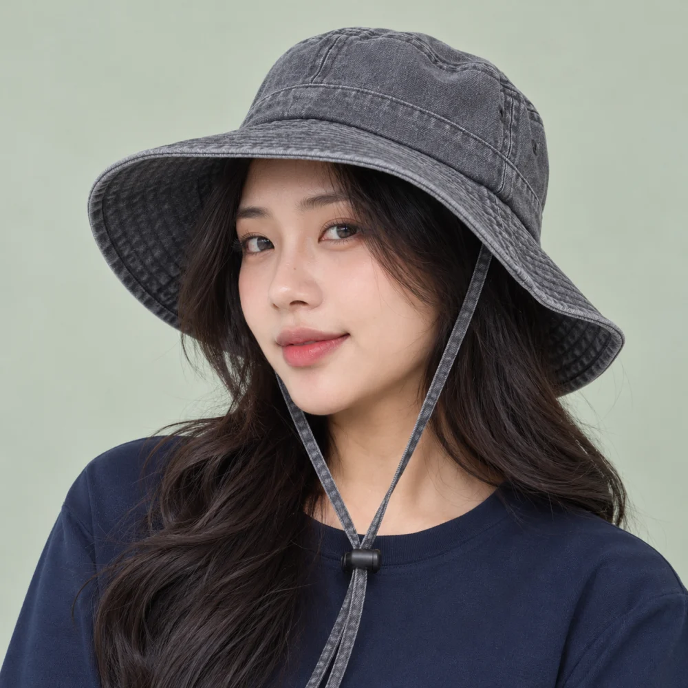 Mũ tai bèo có dây jean xám phong cách đường phố