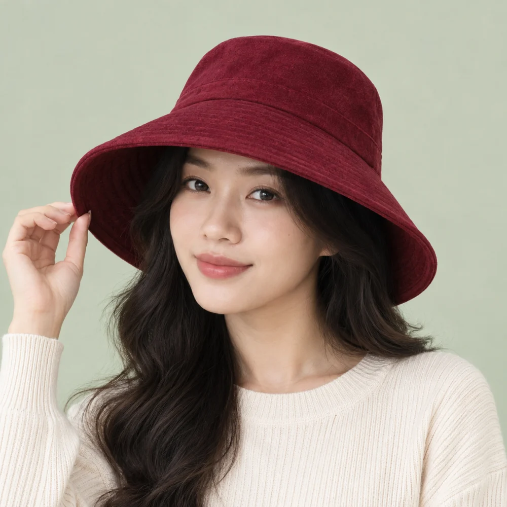 Mũ bucket vành rộng nỉ đỏ đô phong cách vintage