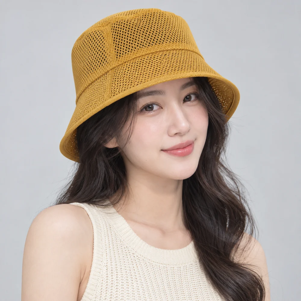 Mũ bucket thời trang lưới thoáng vàng mustard form đứng