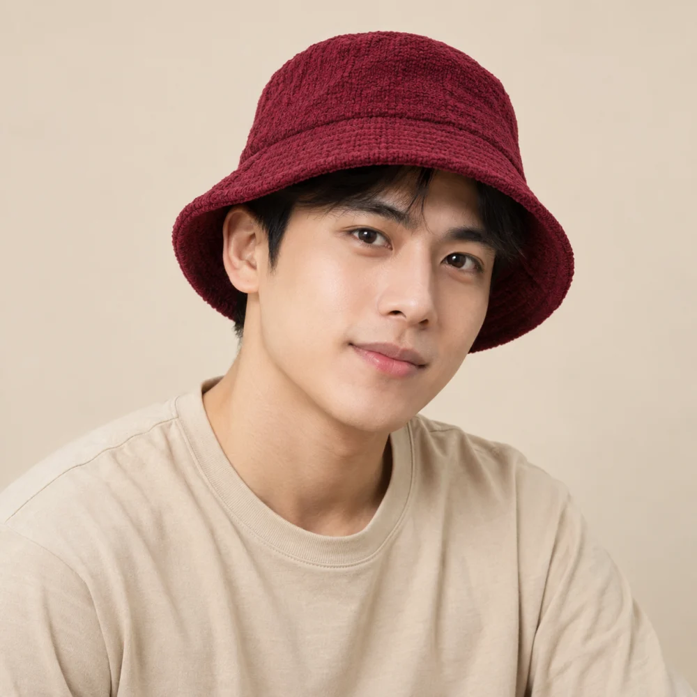 Mũ bucket hai mặt len mềm đỏ đô dùng dã ngoại