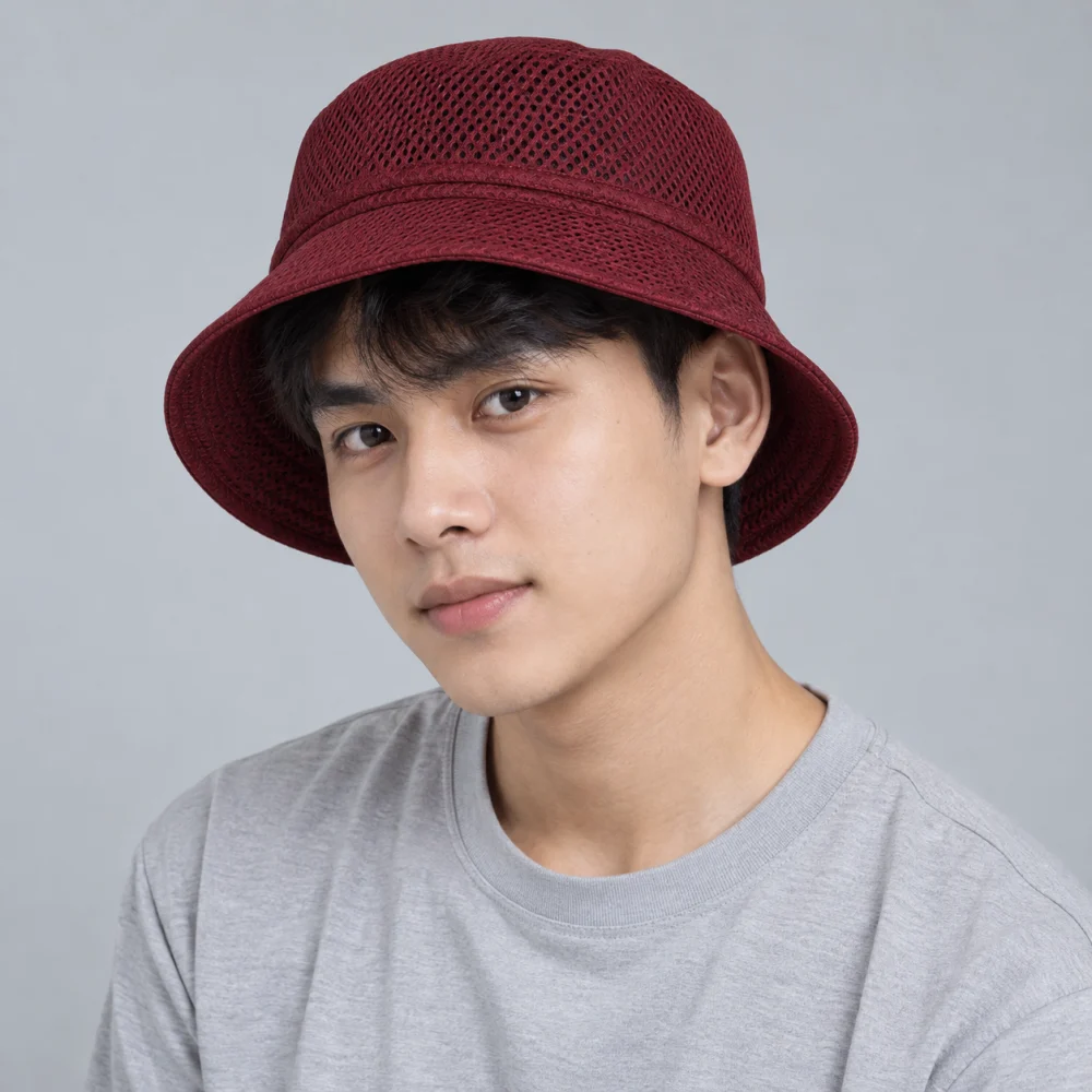 Mũ bucket thời trang lưới thoáng đỏ đô phong cách tối giản
