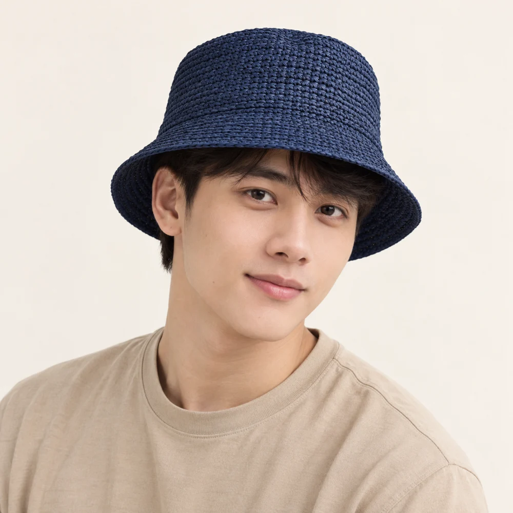 Mũ bucket trơn cói xanh navy form đứng