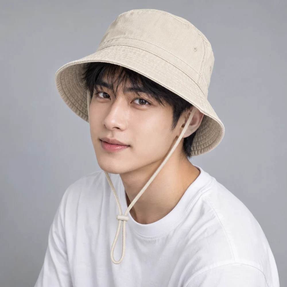 Mũ bucket có dây denim màu kem kiểu thời trang