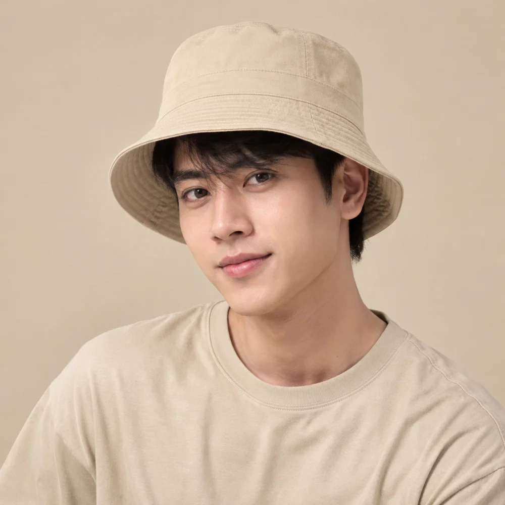 Mũ bucket hai mặt canvas màu be phong cách thể thao