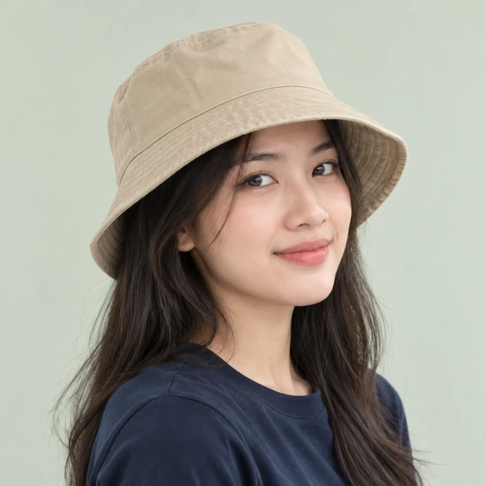 Mũ bucket thời trang cotton màu be phong cách vintage