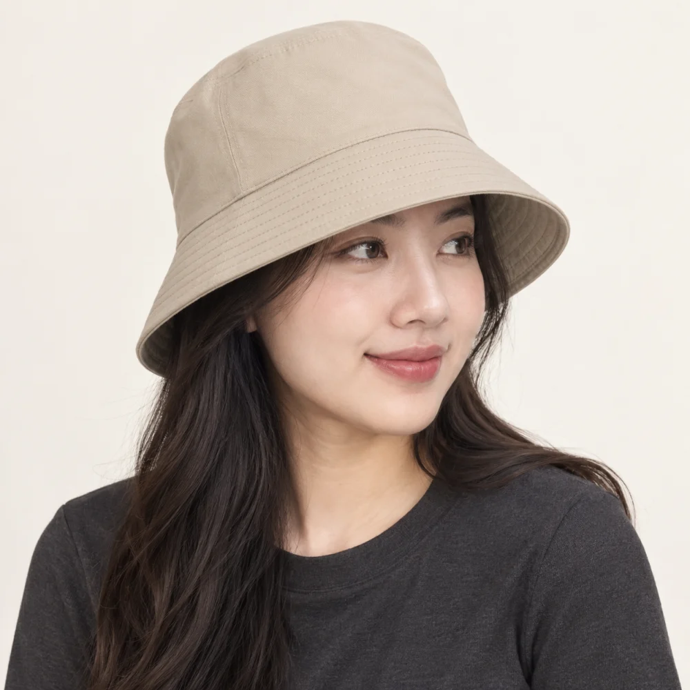 Mũ bucket trơn polyester màu be form sâu