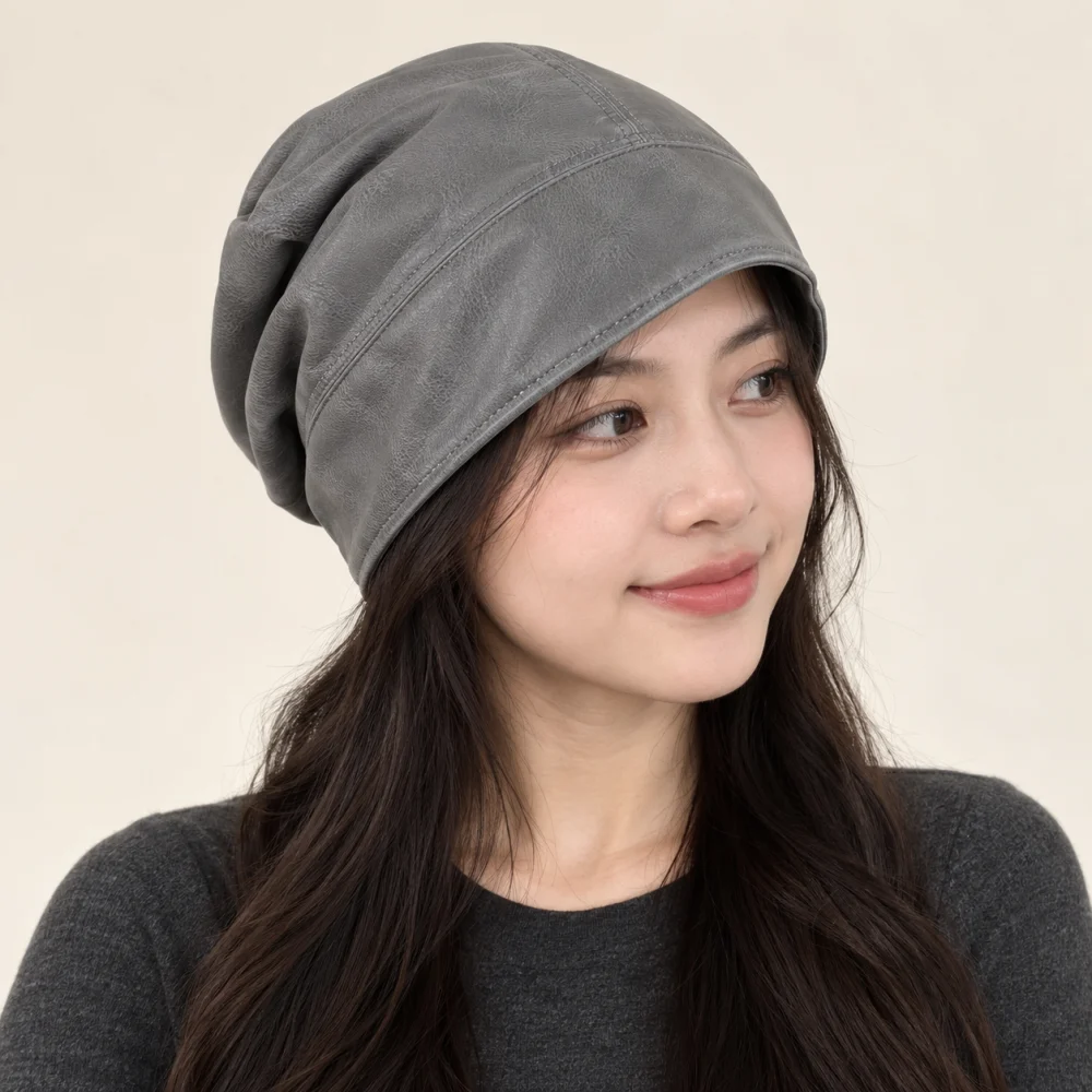 Mũ khác beanie da mềm xám form sâu