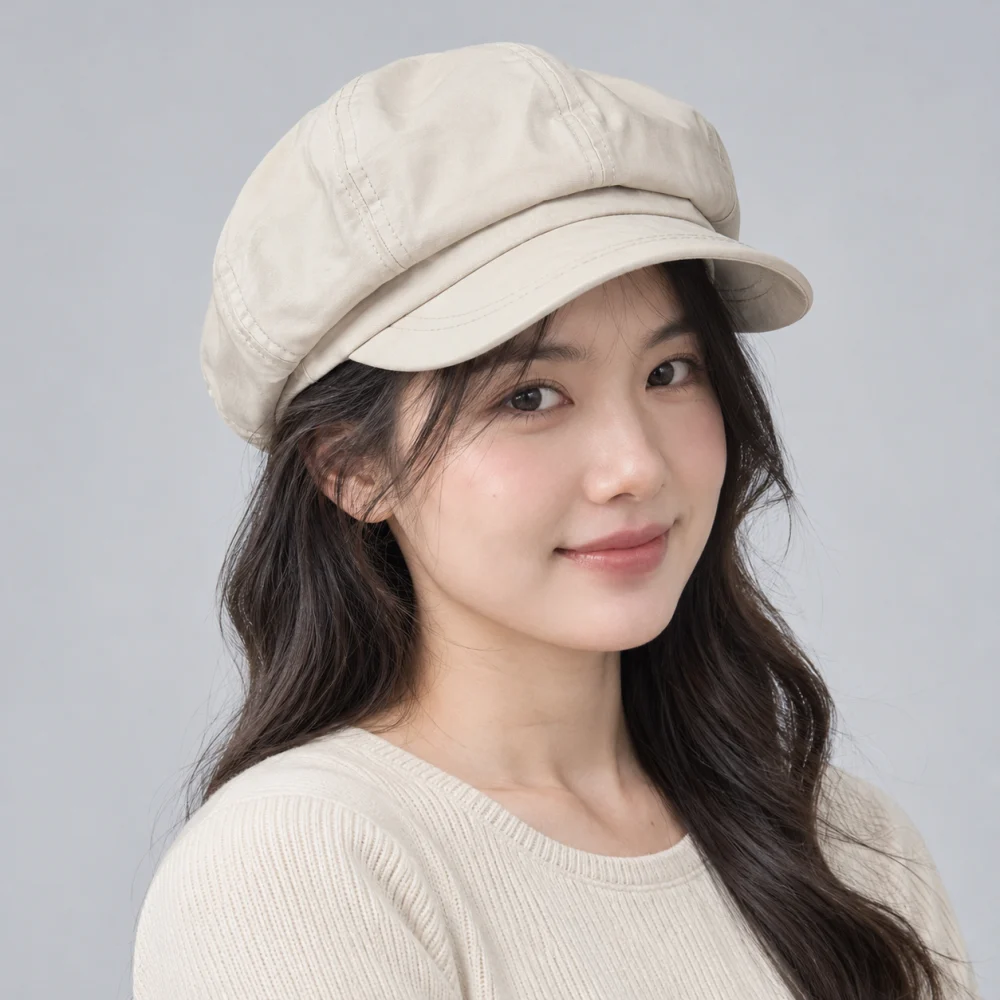 Mũ khác beret vải dù màu kem phong cách cổ điển
