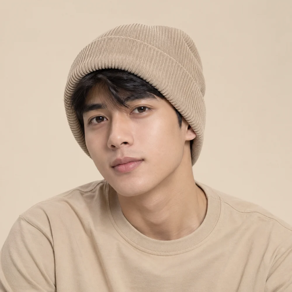 Mũ khác beanie nhung tăm màu be form sâu