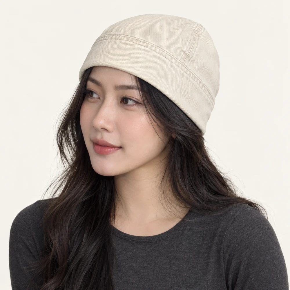 Mũ khác beanie denim màu kem form ôm đầu
