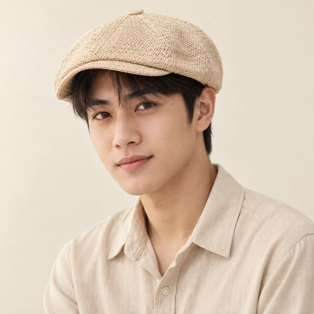 Mũ khác beret cói màu kem phong cách vintage