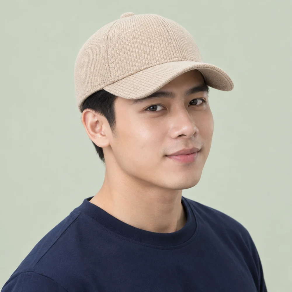Mũ kết in / thêu logo len mềm màu be form đứng