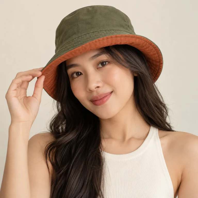 Người mẫu nữ đội mũ bucket hai mặt