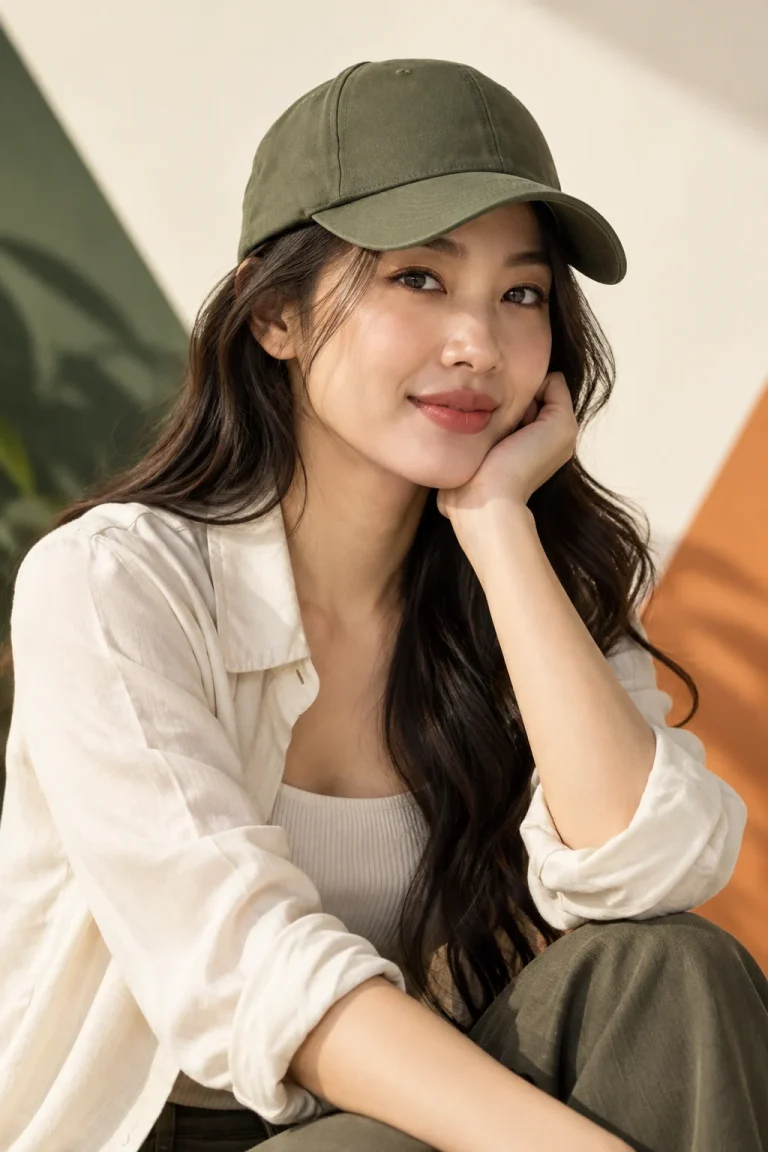 Người mẫu nữ đội mũ kết xanh olive