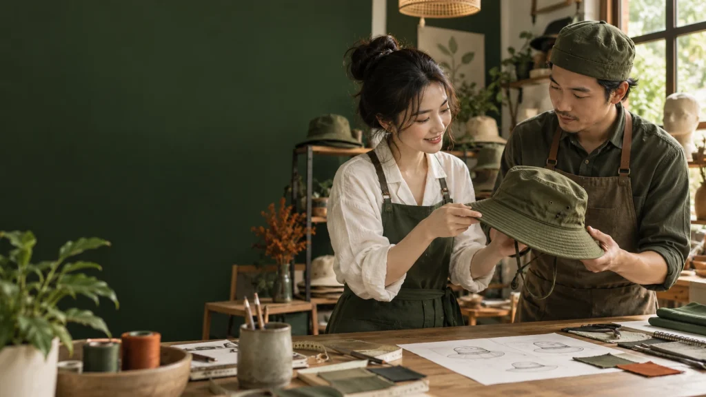 Nhà thiết kế và thợ may kiểm tra mũ tai bèo xanh olive