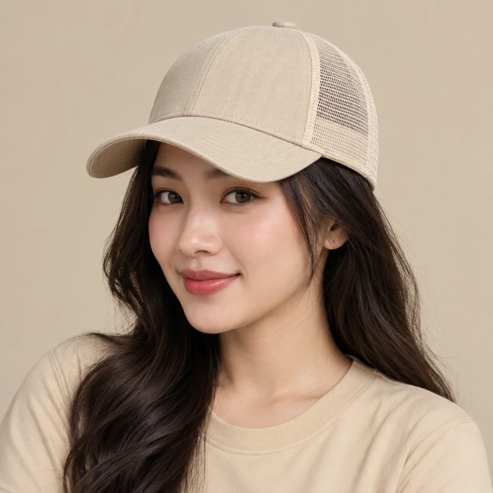 Mũ kết phối lưới / trucker jean màu be phong cách cổ điển