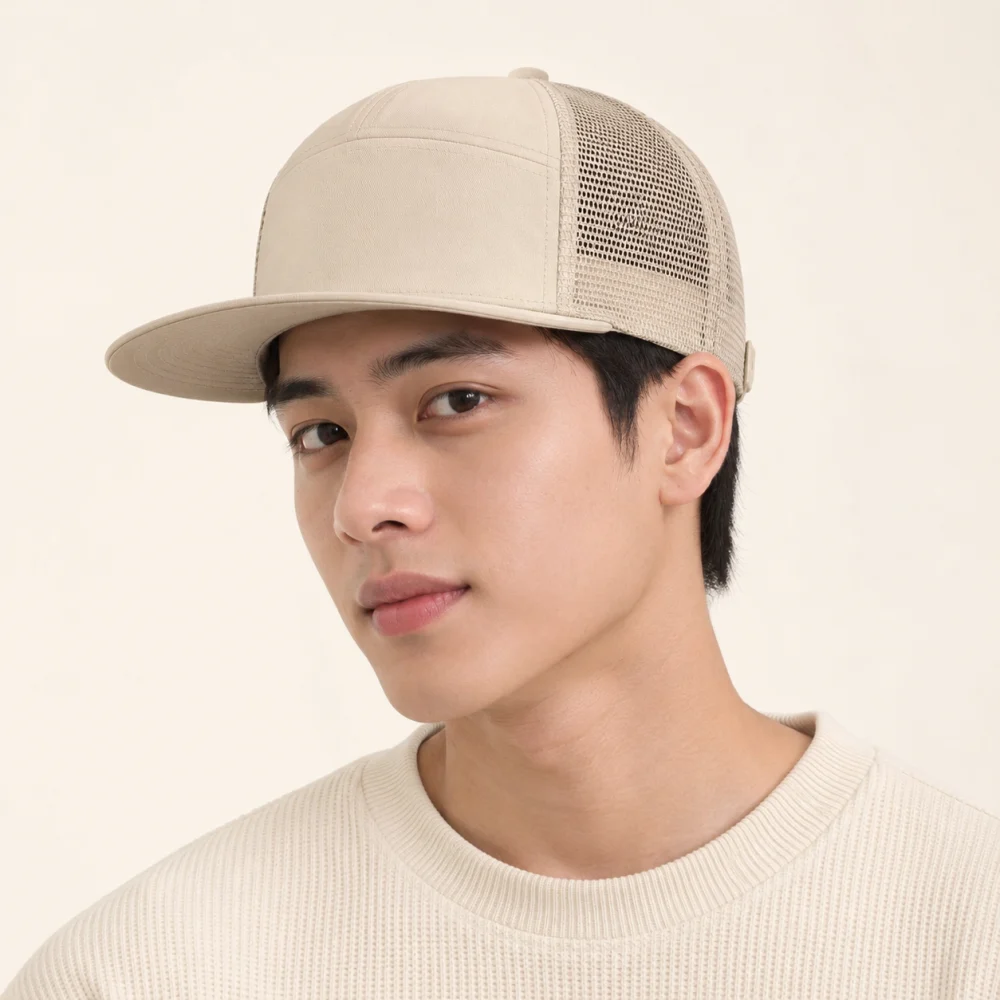 Mũ snapback 5 panel lưới thoáng màu be form ôm đầu