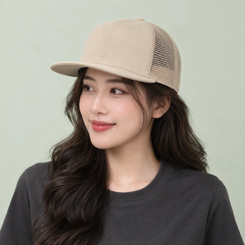 Mũ snapback trẻ em lưới thoáng màu be form đứng