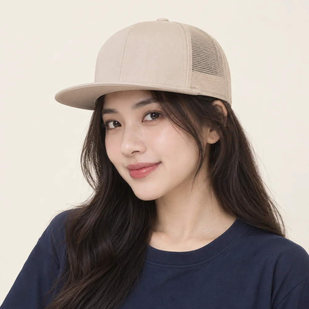 Mũ snapback vành phẳng lưới thoáng màu be phong cách tối giản