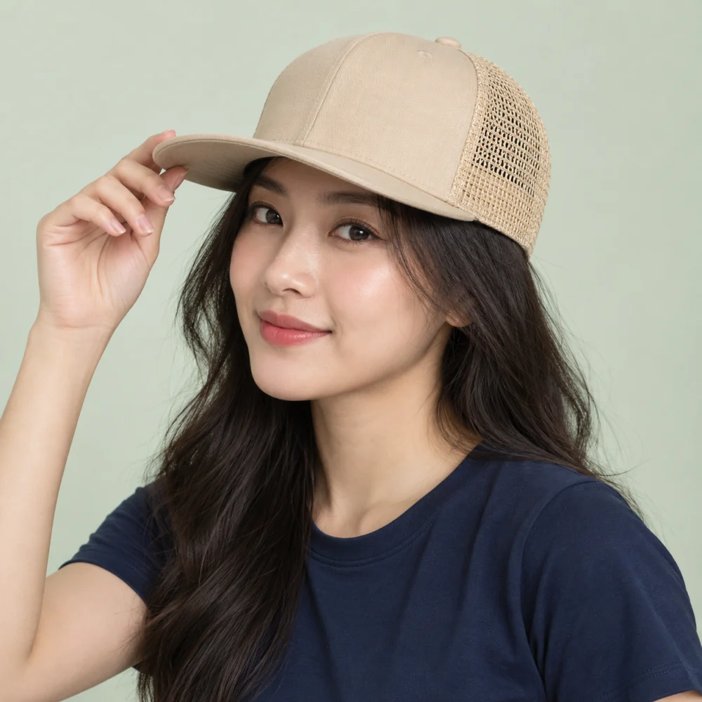 Mũ snapback phối lưới cói màu be phong cách thể thao