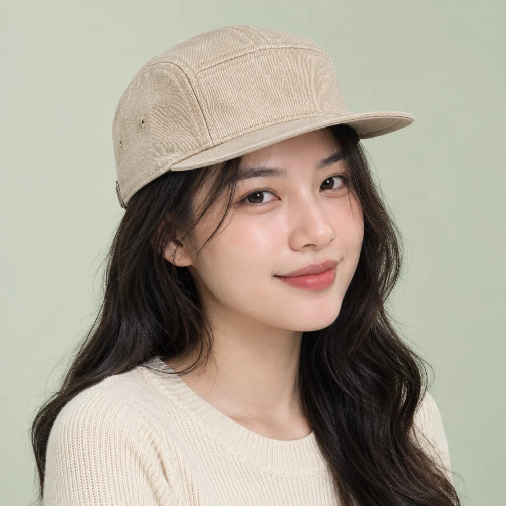 Mũ snapback 5 panel jean màu be phong cách vintage