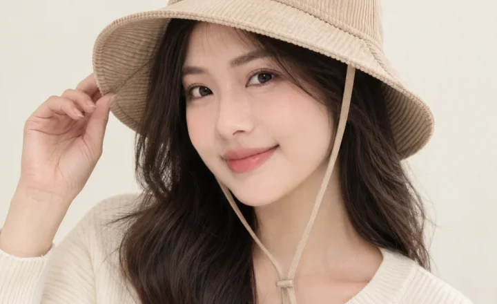 Mũ tai bèo trẻ em nhung tăm màu be form đứng