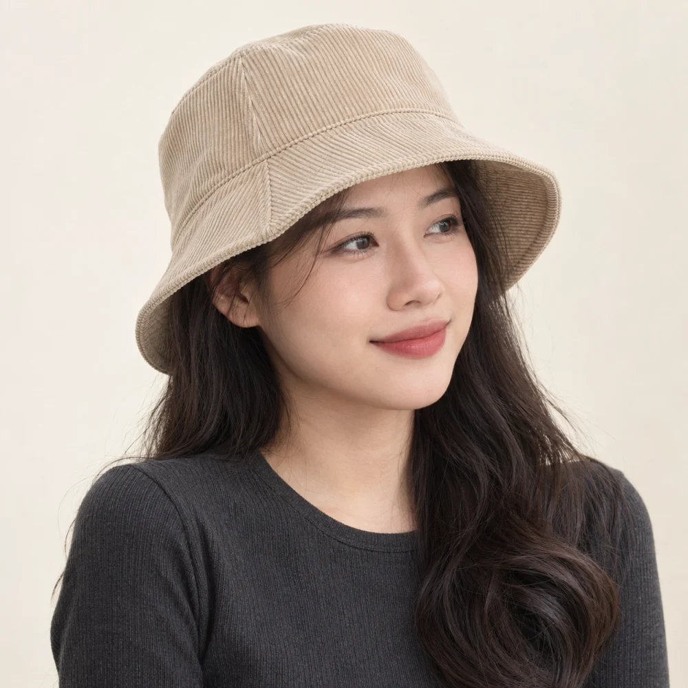 Mũ tai bèo thời trang nhung tăm màu be phong cách tối giản
