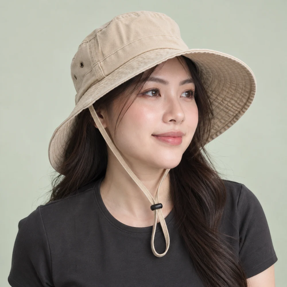 Mũ tai bèo dã ngoại jean màu be phong cách thể thao