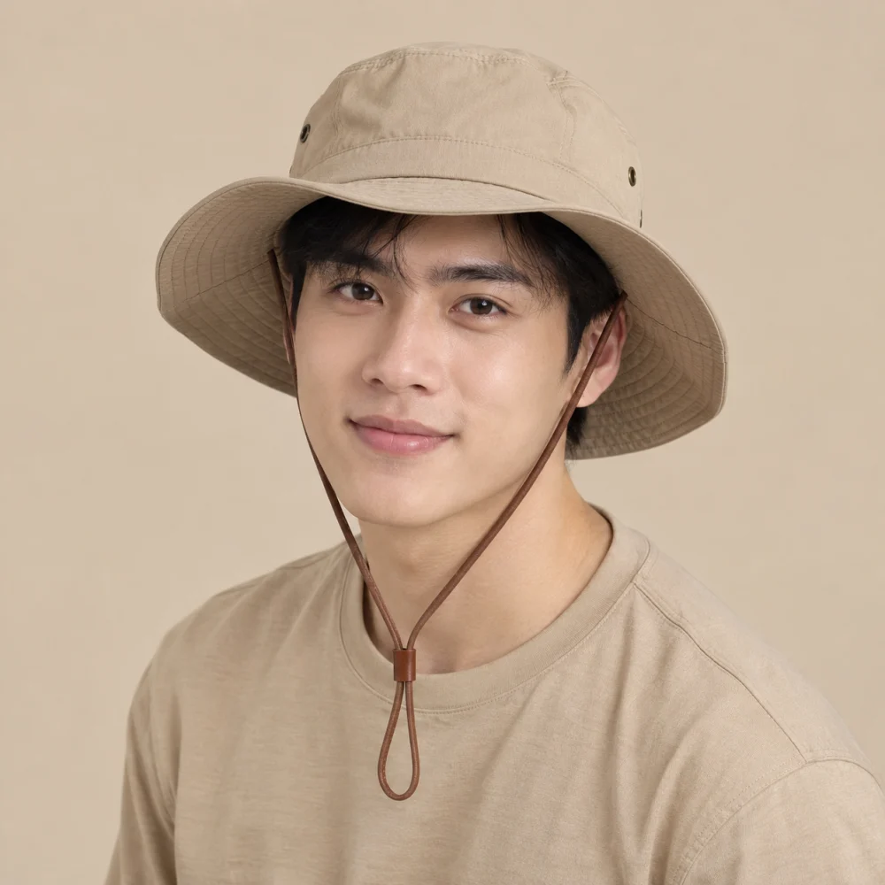 Mũ tai bèo có dây da mềm màu be phong cách thể thao