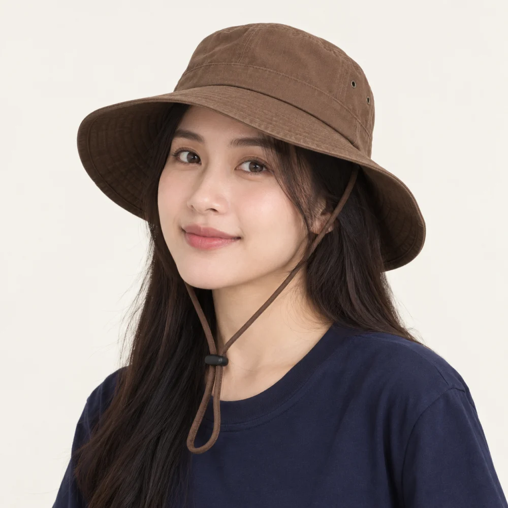 Mũ tai bèo dã ngoại cotton nâu đất phong cách tối giản