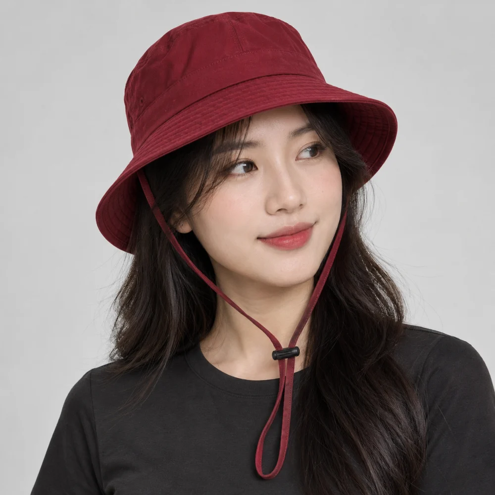Mũ bucket có dây vải dù đỏ đô phong cách thể thao