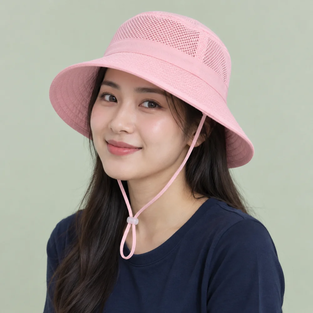 Mũ bucket trẻ em lưới thoáng hồng pastel dùng dã ngoại