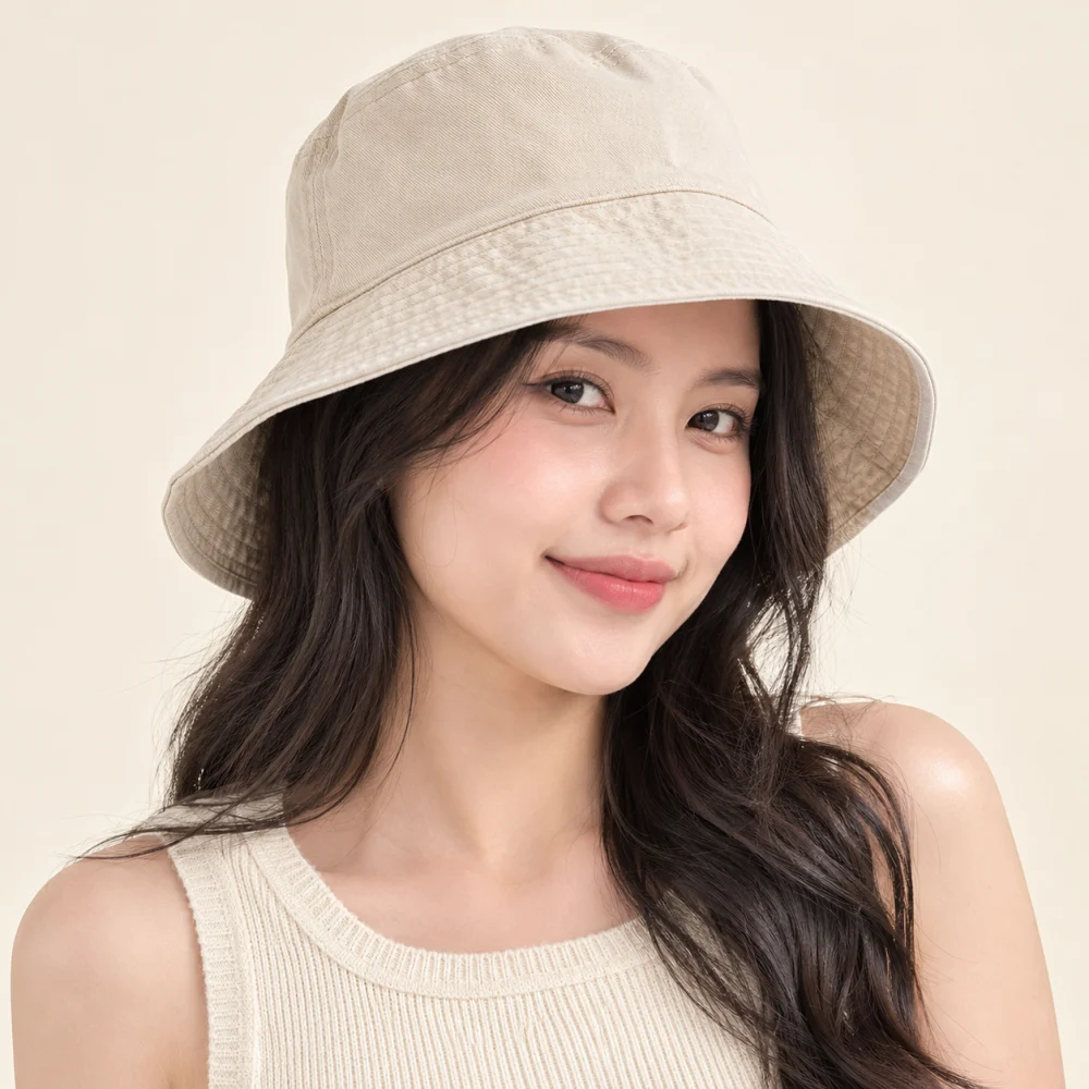 Mũ bucket hai mặt jean màu kem dùng ngoài trời