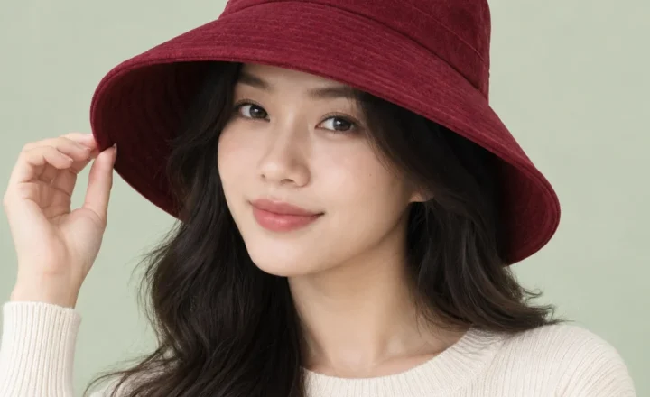 Mũ bucket vành rộng nỉ đỏ đô phong cách vintage