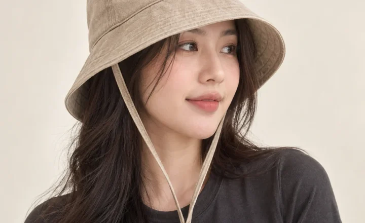 Mũ bucket có dây denim màu be form sâu