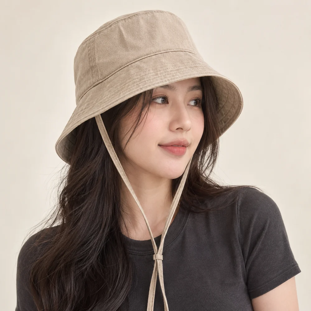 Mũ bucket có dây denim màu be form sâu