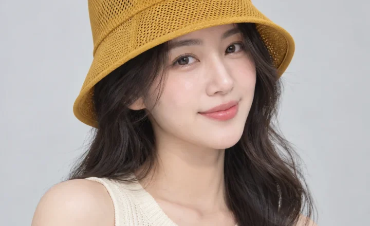 Mũ bucket thời trang lưới thoáng vàng mustard form đứng