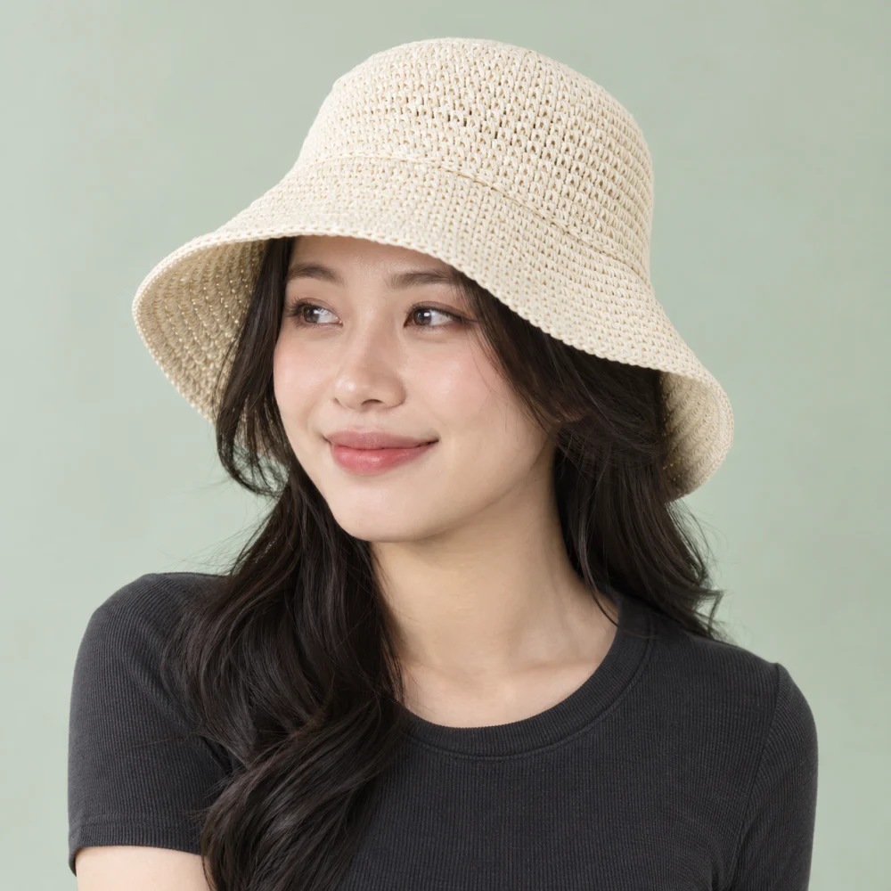 Mũ bucket trẻ em cói màu kem dùng dã ngoại