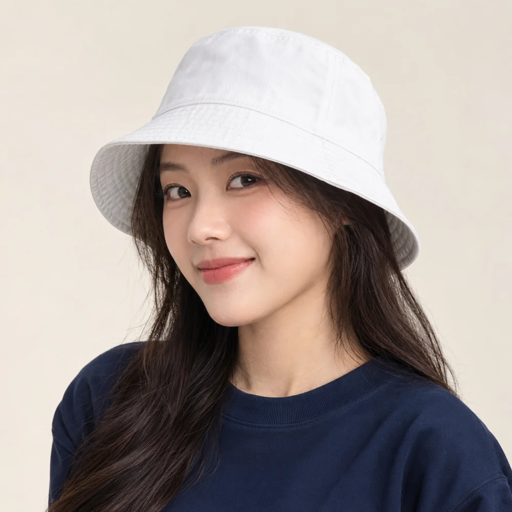Mũ bucket trơn kaki trắng phong cách thể thao